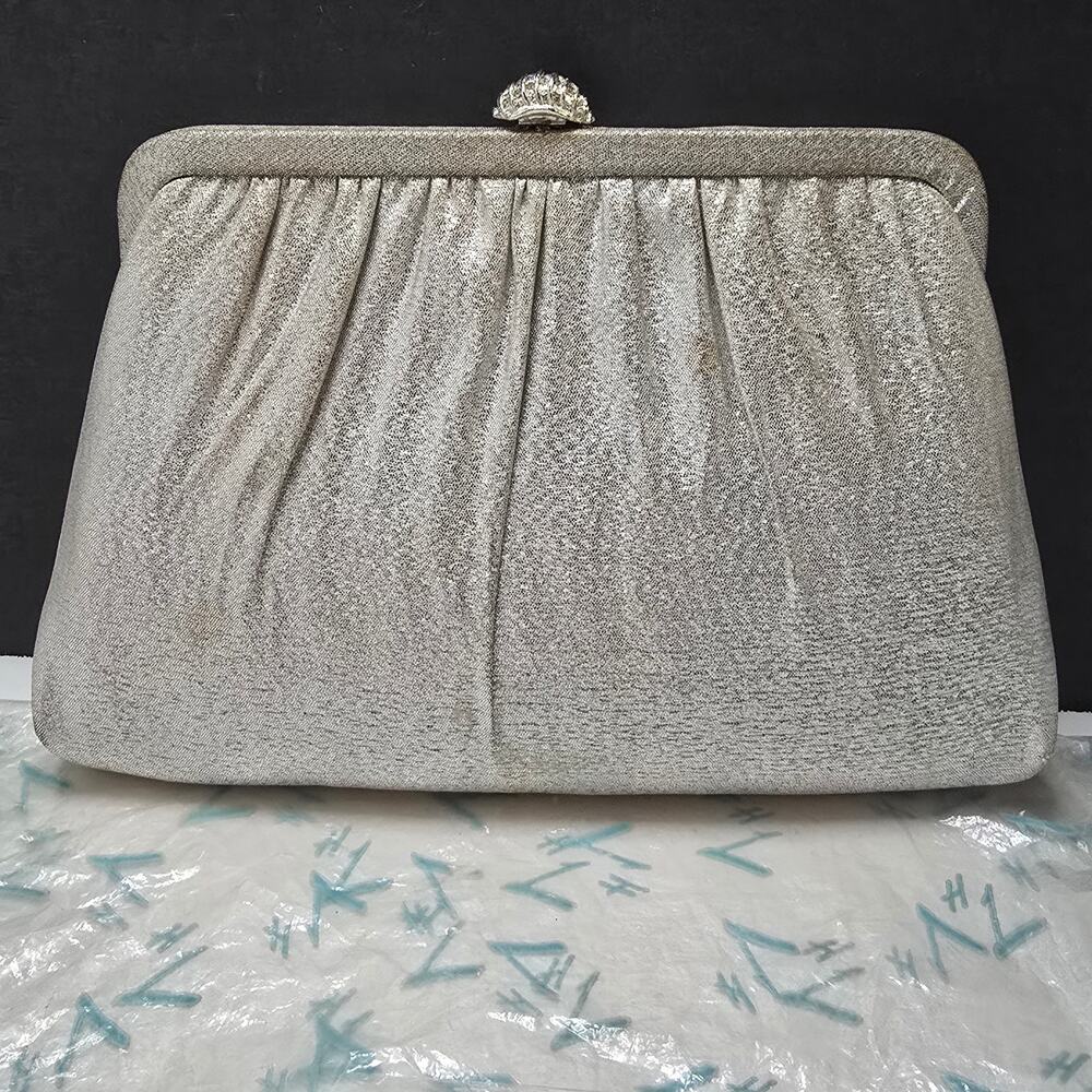 Harry Levine HL USA Silver Lame Evening Clutch Purse NOS 1960s Formal Bag